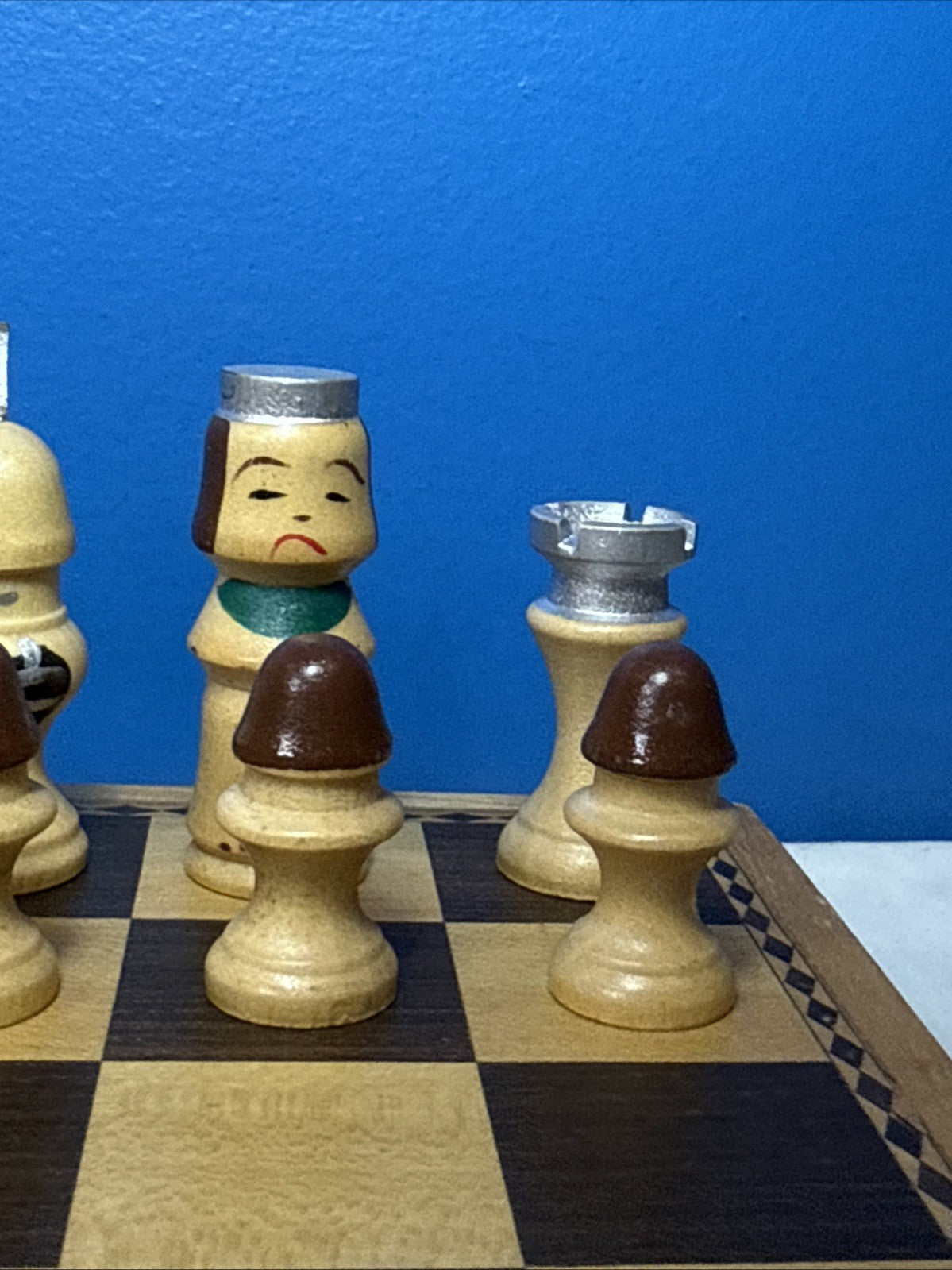 Vintage Japanese Kokeshi Wood Chess Set Hand Painted Pieces Folding Board Boxes