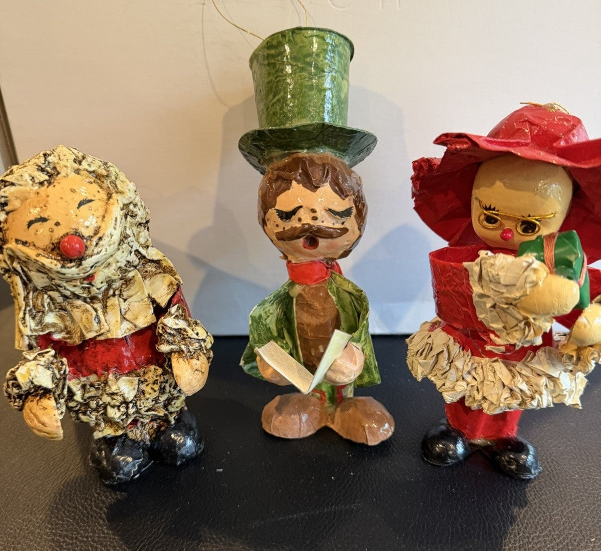 Vintage Crinkle Paper Christmas Ornaments Lot 3 Caroler Santa Elf Japan 7"