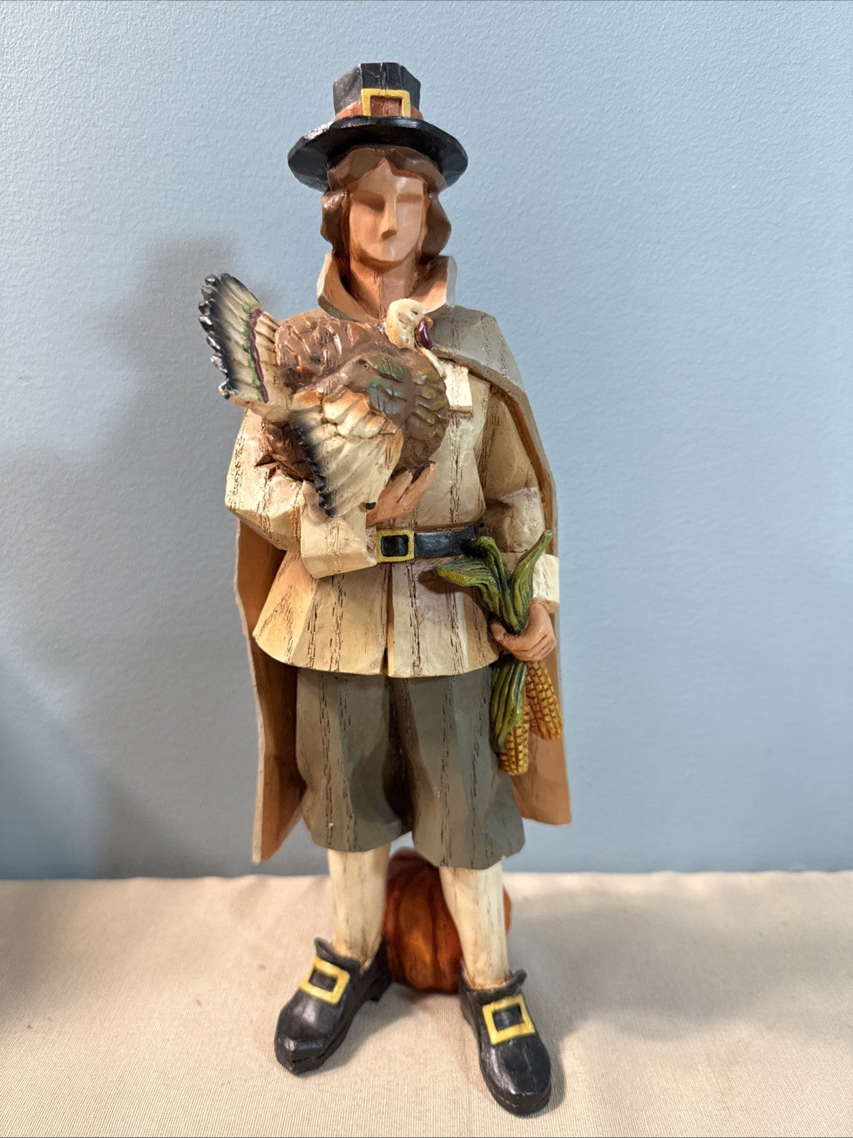 The Cracker Box Seasons Pilgrim Figurine Hand Painted Wood 13" Thanksgiving