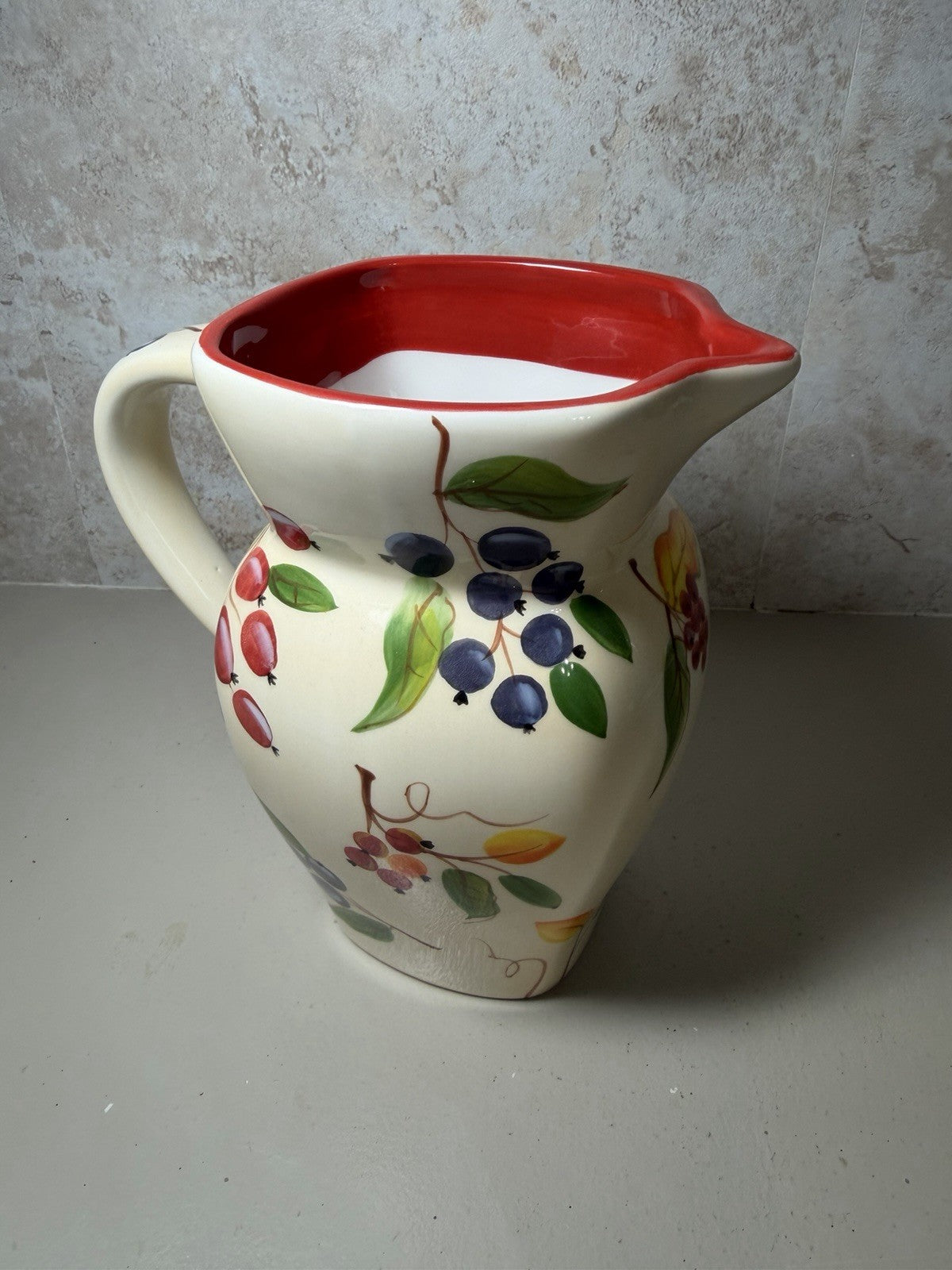 Vintage FTD Ceramic Pitcher Hand Painted Berries Fruit Creamer Vase 8"