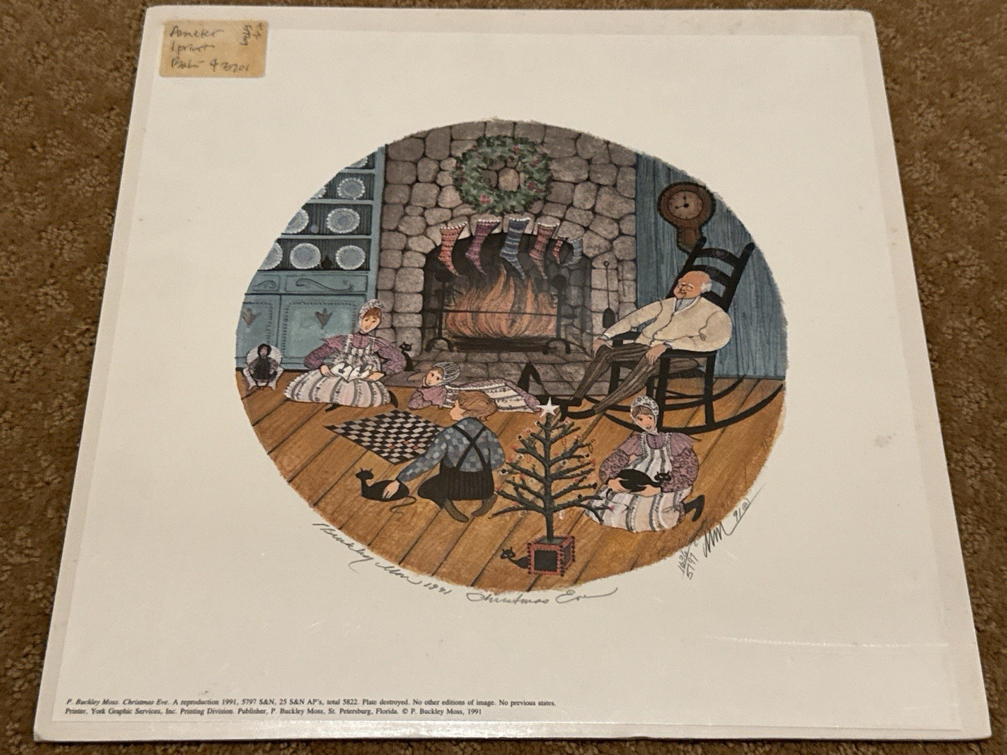 P Buckley Moss Christmas Eve 1991 Lithograph Holiday Amish Art Print 11-7/8 x 12
