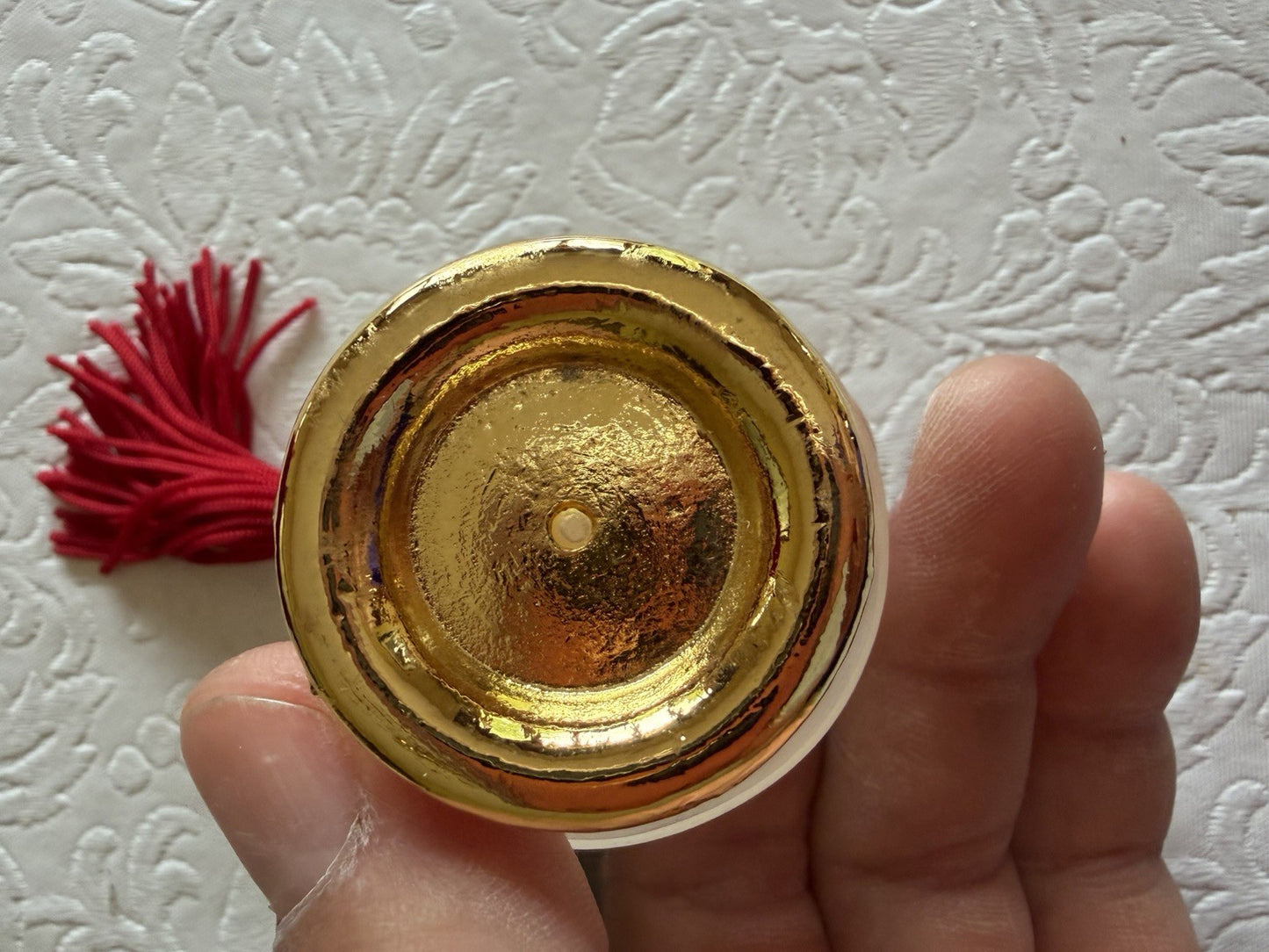 Vintage Ahjar Ornate Perfume Bottle Gold Tone Red Gemstone Glass Pouch Vanity