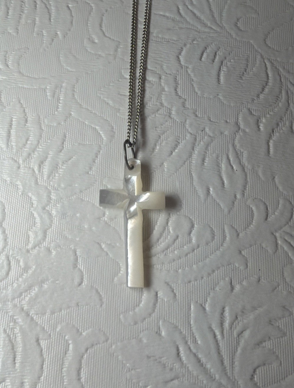 Vintage Carved Mother of Pearl Shell Cross Necklace Silver Tone Chain Minimalist