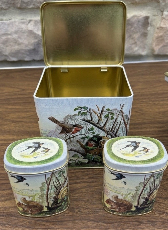 Vintage England Nesting Tin Set Birds Teapot Boot Squirrel 3 Piece Tin Lot