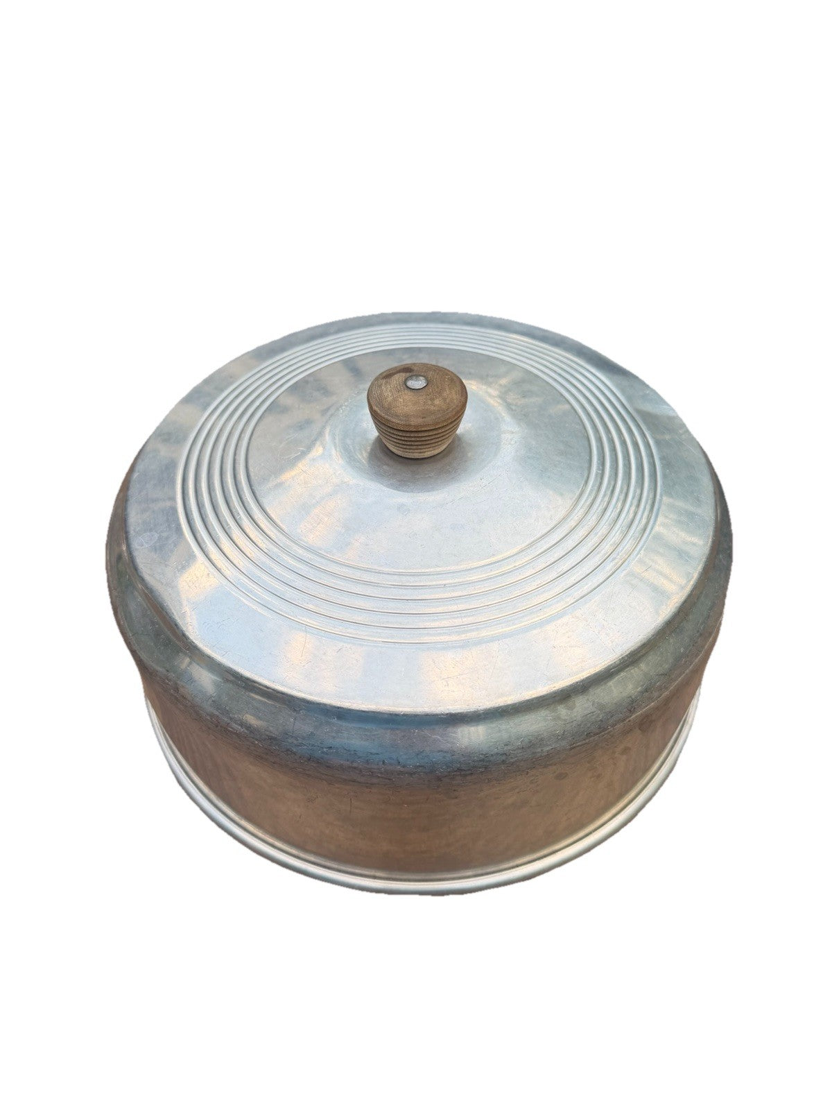 Vintage 10" Aluminum Cake Dome Lid Mid Century Wooden Knob Cover