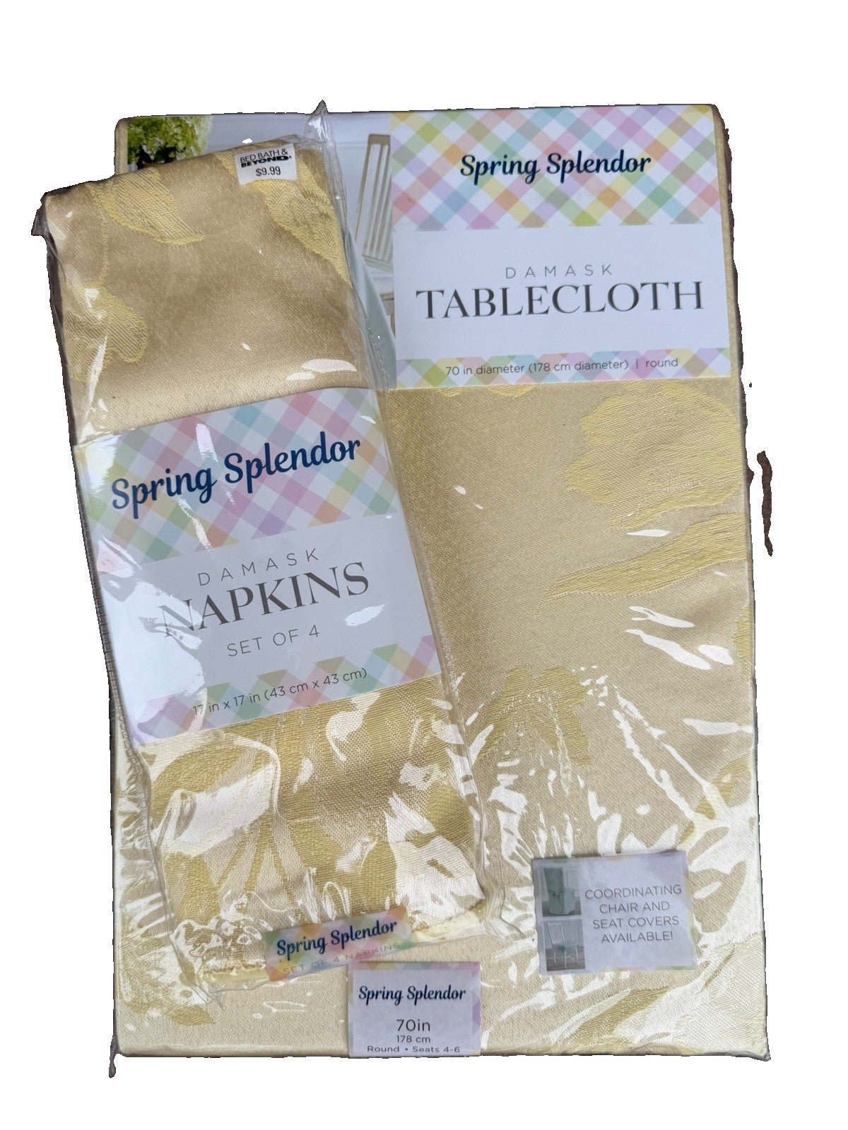 Town Country Spring Splendor Butter Yellow Damask Tablecloth 4 Napkins Vintage