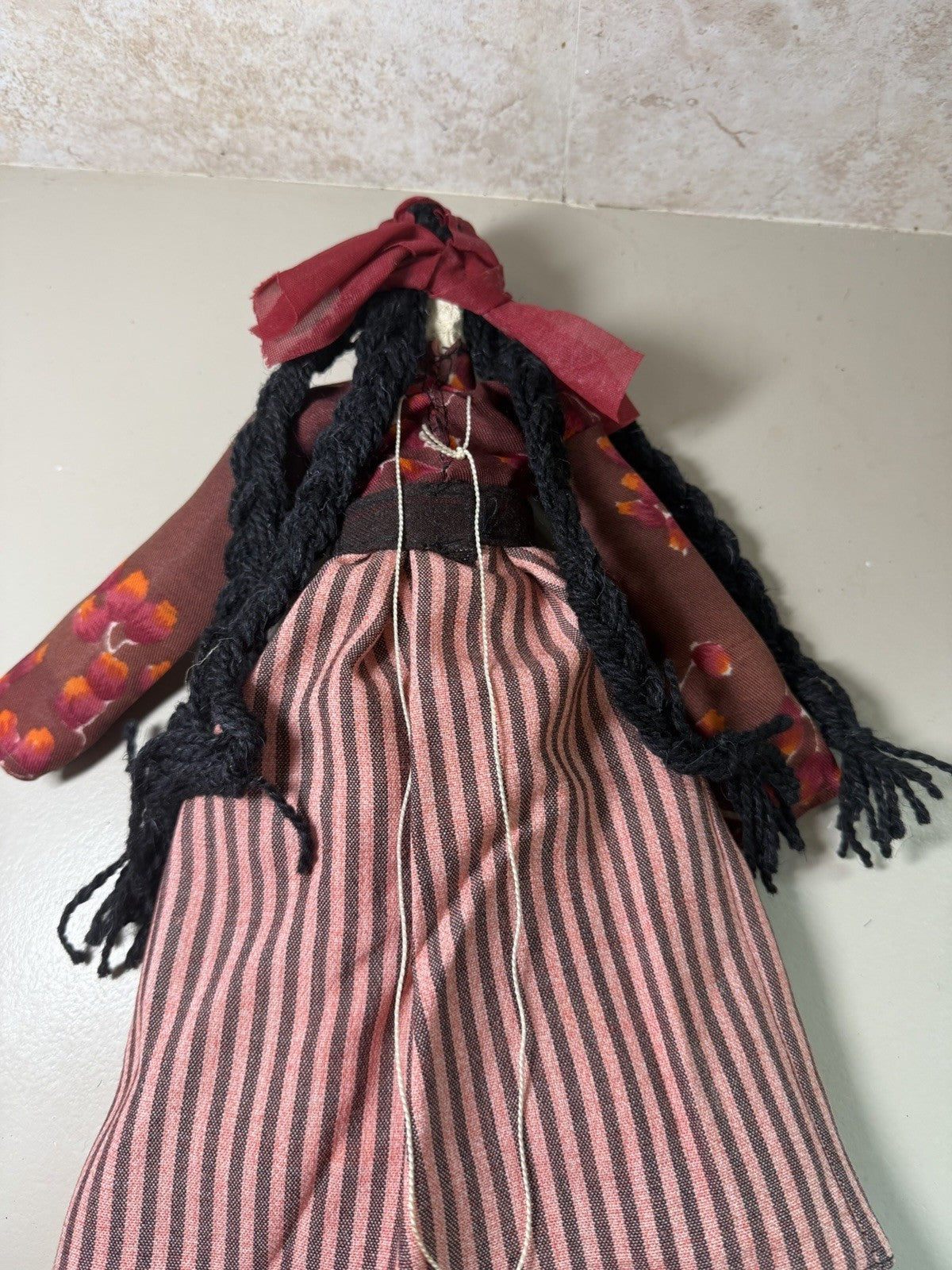Vintage Handmade Folk Art Cloth Doll Painted Face Braided Yarn Hair Primitive