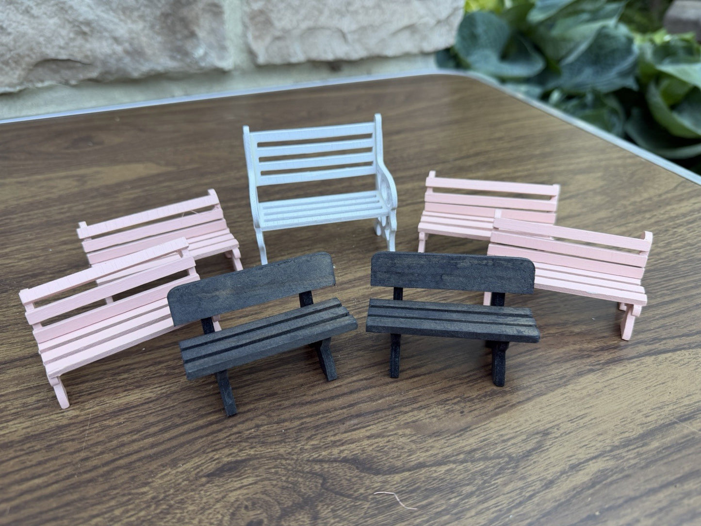 Vintage Miniature Wooden Park Bench Lot 7pc Dollhouse Furniture Taiwan 1:12