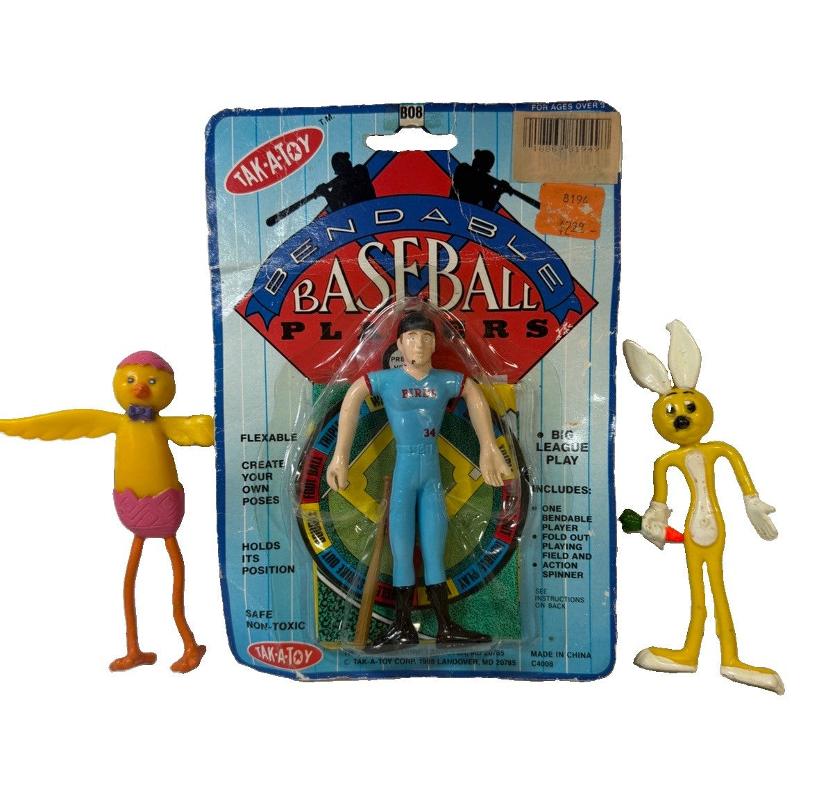 Vintage Bendy Toy Lot 1988 Tak-A-Toy Sealed Baseball & Loose Easter Figures