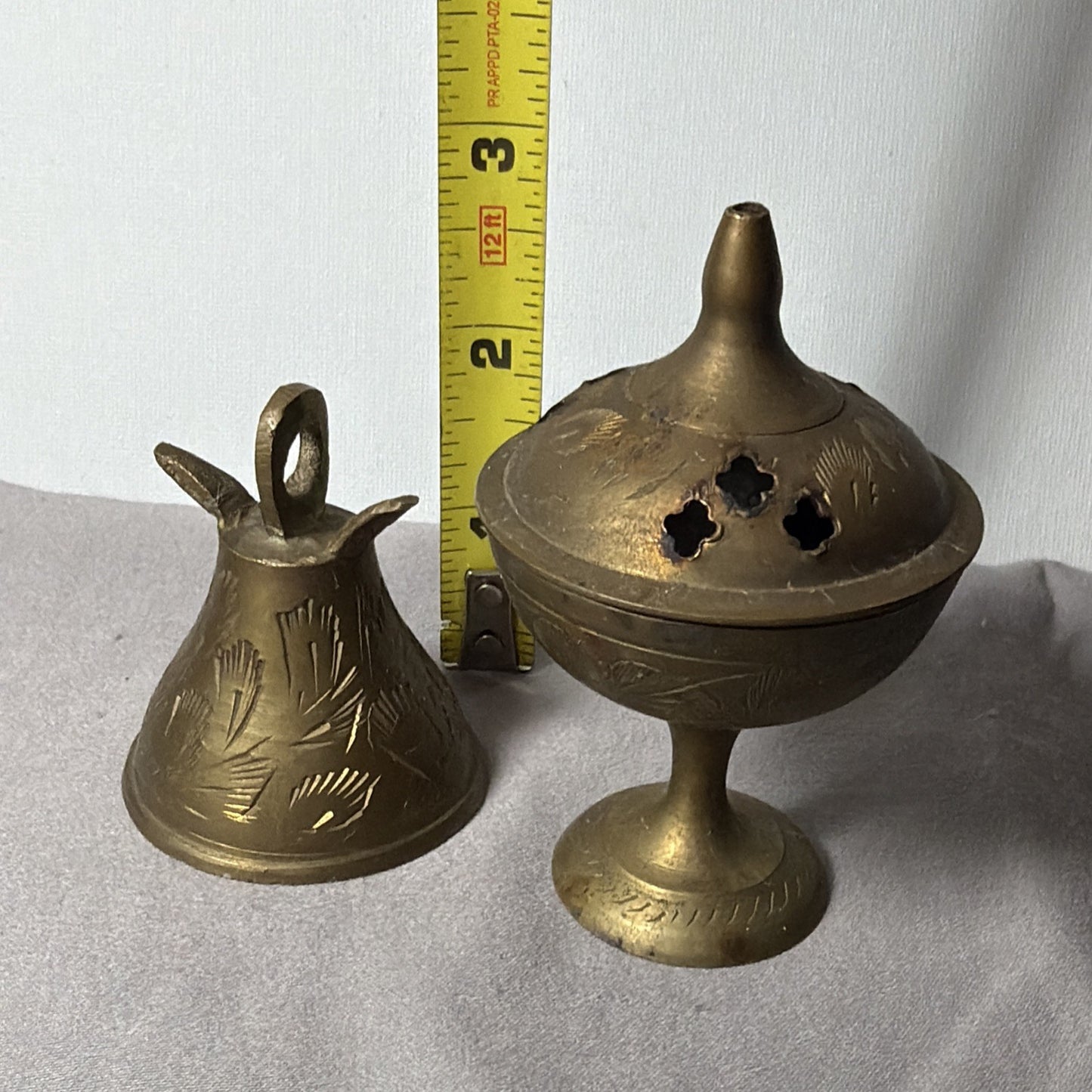 Vintage Etched Indian Brass Bell and Incense Ceremonial/Meditation Implements