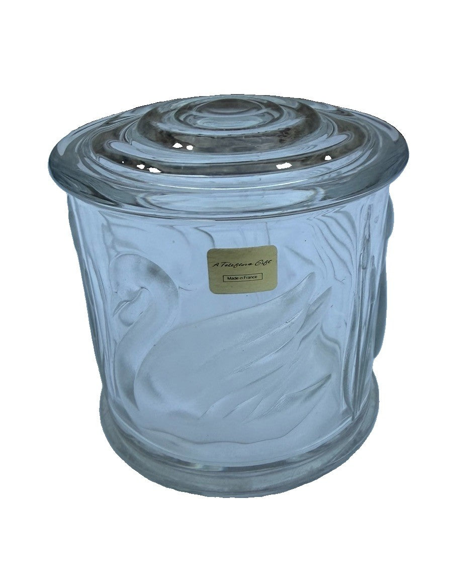 Vintage Teleflora Frosted Glass Swan Covered Jar with Lid Made in France Clear