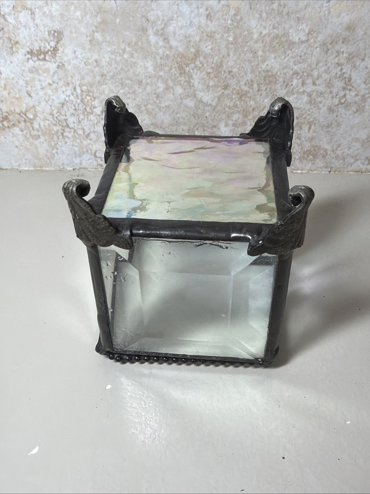 Vintage Style Built Beveled Glass Trinket Jewelry Box Footed Iridescent Metal 3"