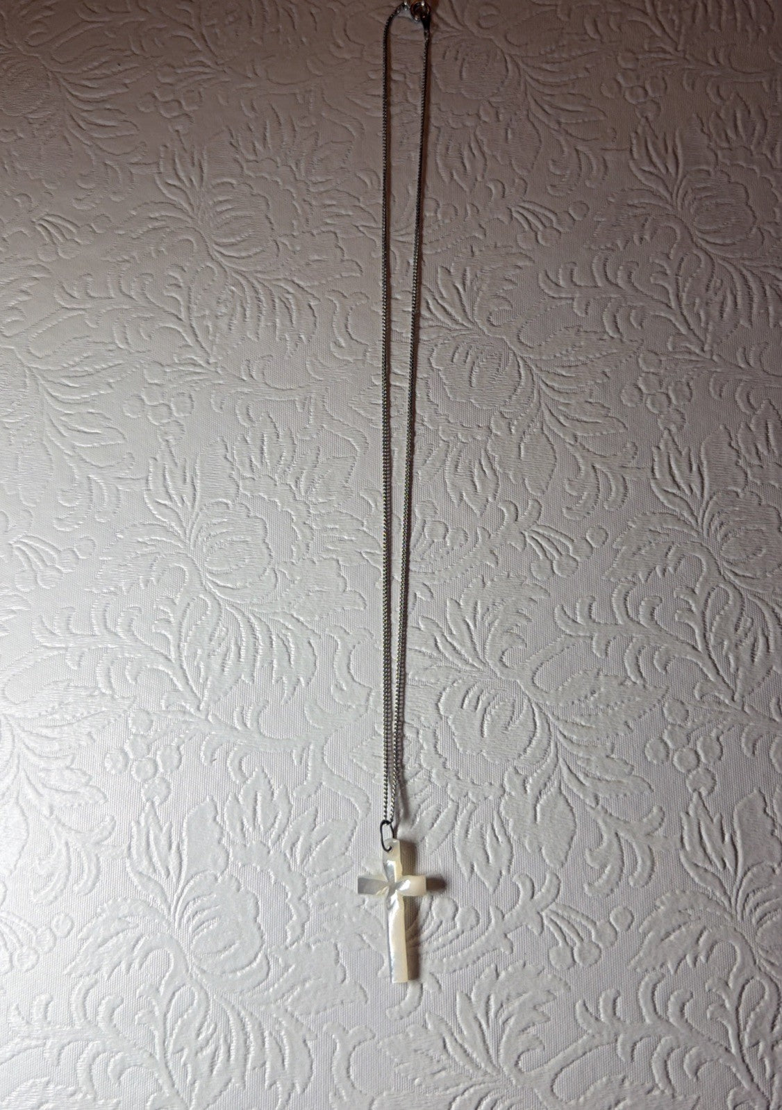 Vintage Carved Mother of Pearl Shell Cross Necklace Silver Tone Chain Minimalist