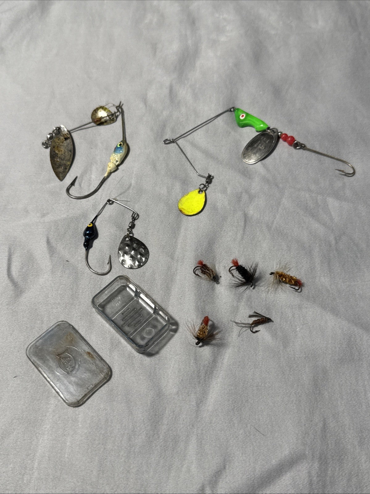 Fishing Spoon Lures and Dry Flies Lot Spinning Bait With Case