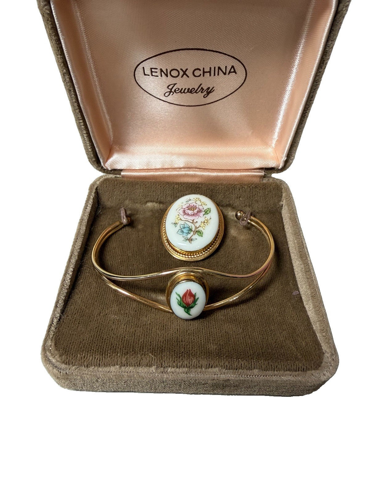 Vintage Lenox China Floral Brooch Pin Cuff Bracelet Matching Set Original Box