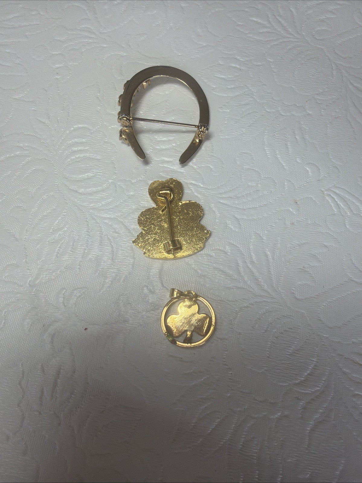 Vtg Lucky Irish Pin Brooch Shamrock Leprechaun Ireland Horseshoe Pearl Clover