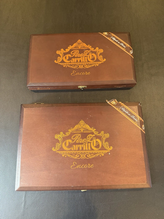 Perez Carrillo Encore Empty Wooden Cigar Boxes Lot of 2 Brown Gold Storage Decor