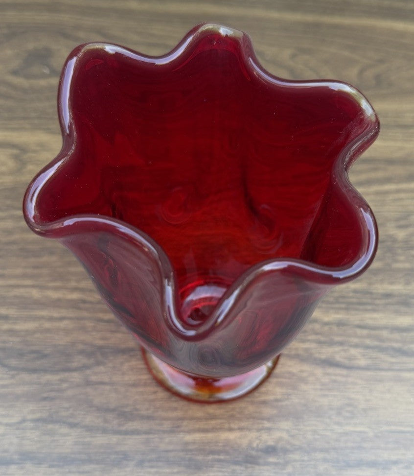 Vintage Ruby Red Hand Blown Glass Vase  Glass Stem Orange Glow Floral Vase