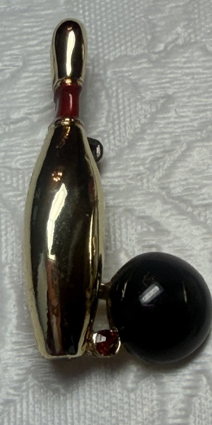 Vintage Bowling Pin and Ball Mini Brooch Pin Lot Gold Tone Red Rhinestone Accent