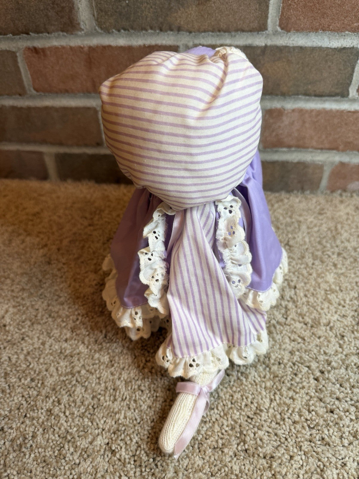 Vintage Handmade Knit Cat Doll Plush Purple Dress Bonnet Flowers Stuffed Animal