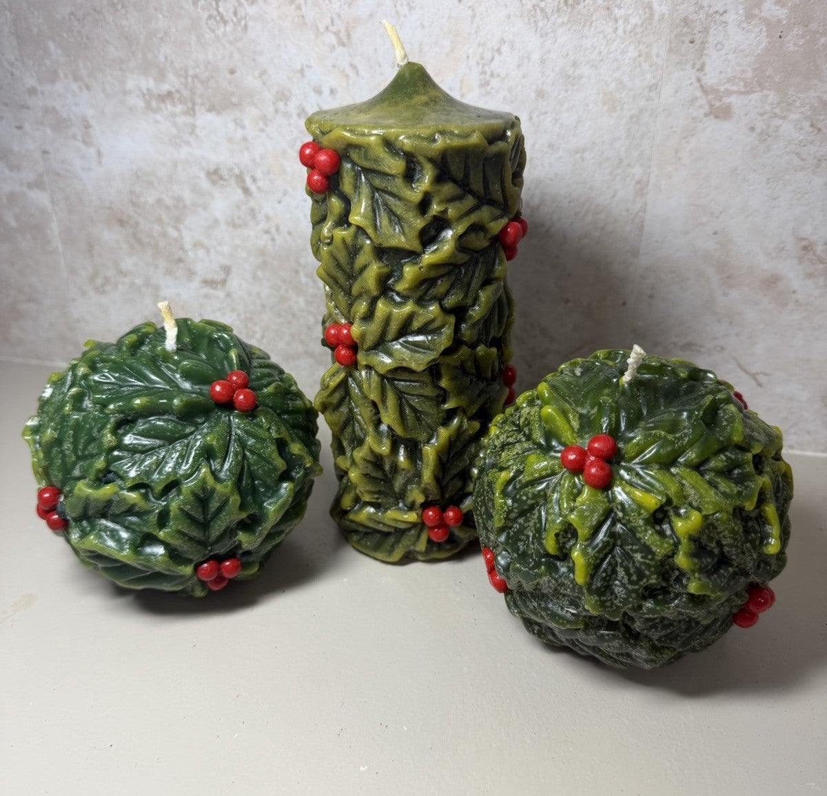 Vintage Italian Holly & Berry Christmas Candle Set Pillar and Two Spheres