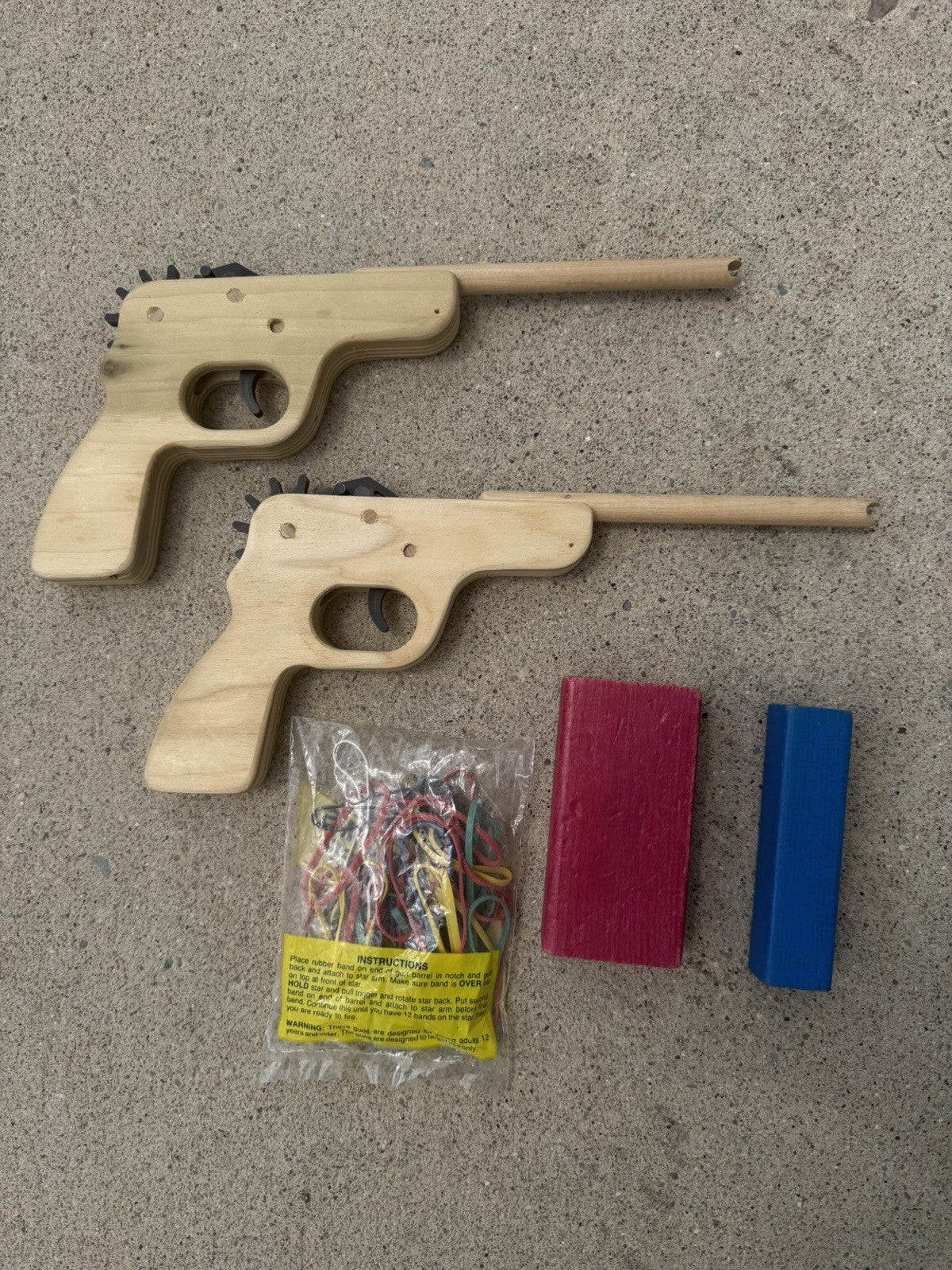 Handmade Wooden Rubber Band Guns Lot 2 Diamond Jims Ammo Target Blocks Toy Set