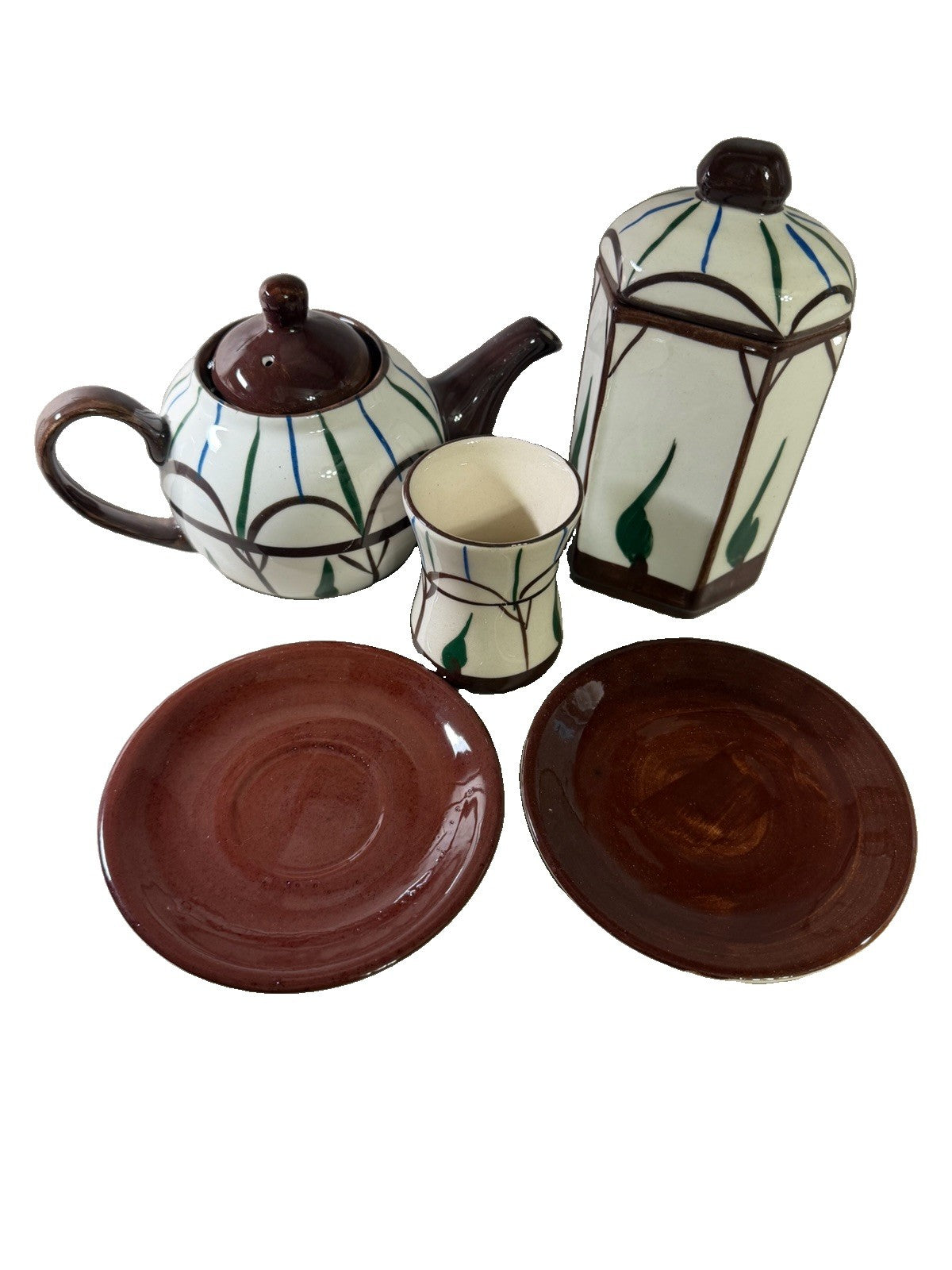 Shelbie Ceramics Turkey Teapot Canister Cup Saucer Hand Painted Pottery NIB
