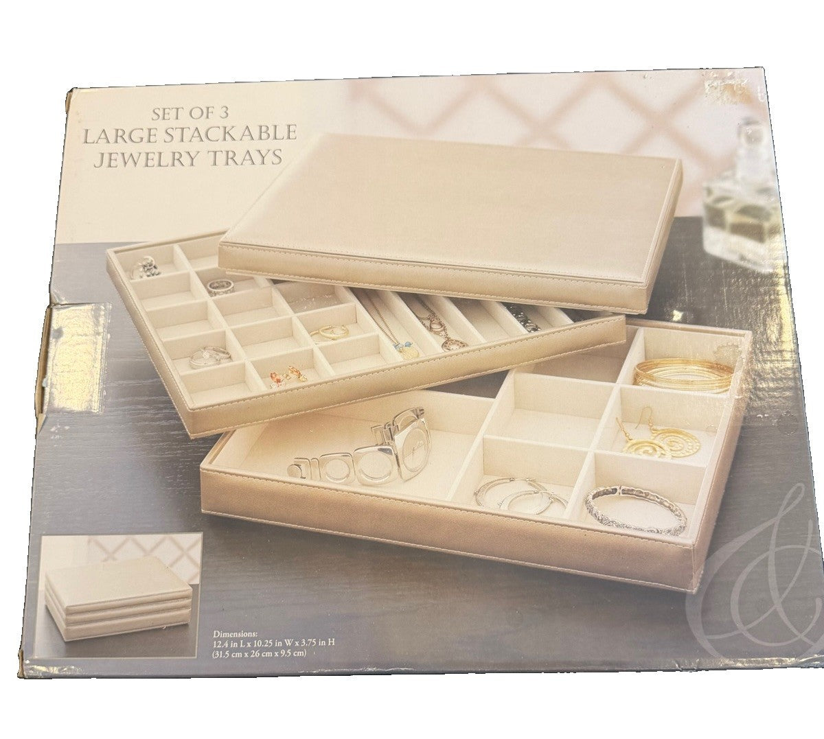 Ampersand Jewelry Tray Set 3 Large Stackable Taupe Storage Organizer Display New