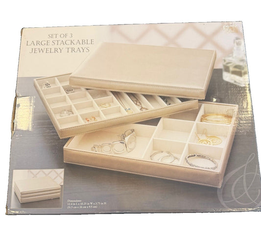 Ampersand Jewelry Tray Set 3 Large Stackable Taupe Storage Organizer Display New