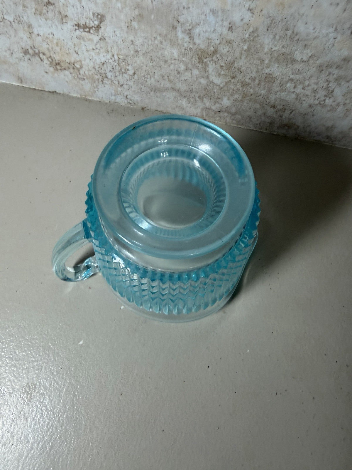 Vintage Blue Pressed Glass Pitcher Creamer Fluted Diamond Pattern Tableware
