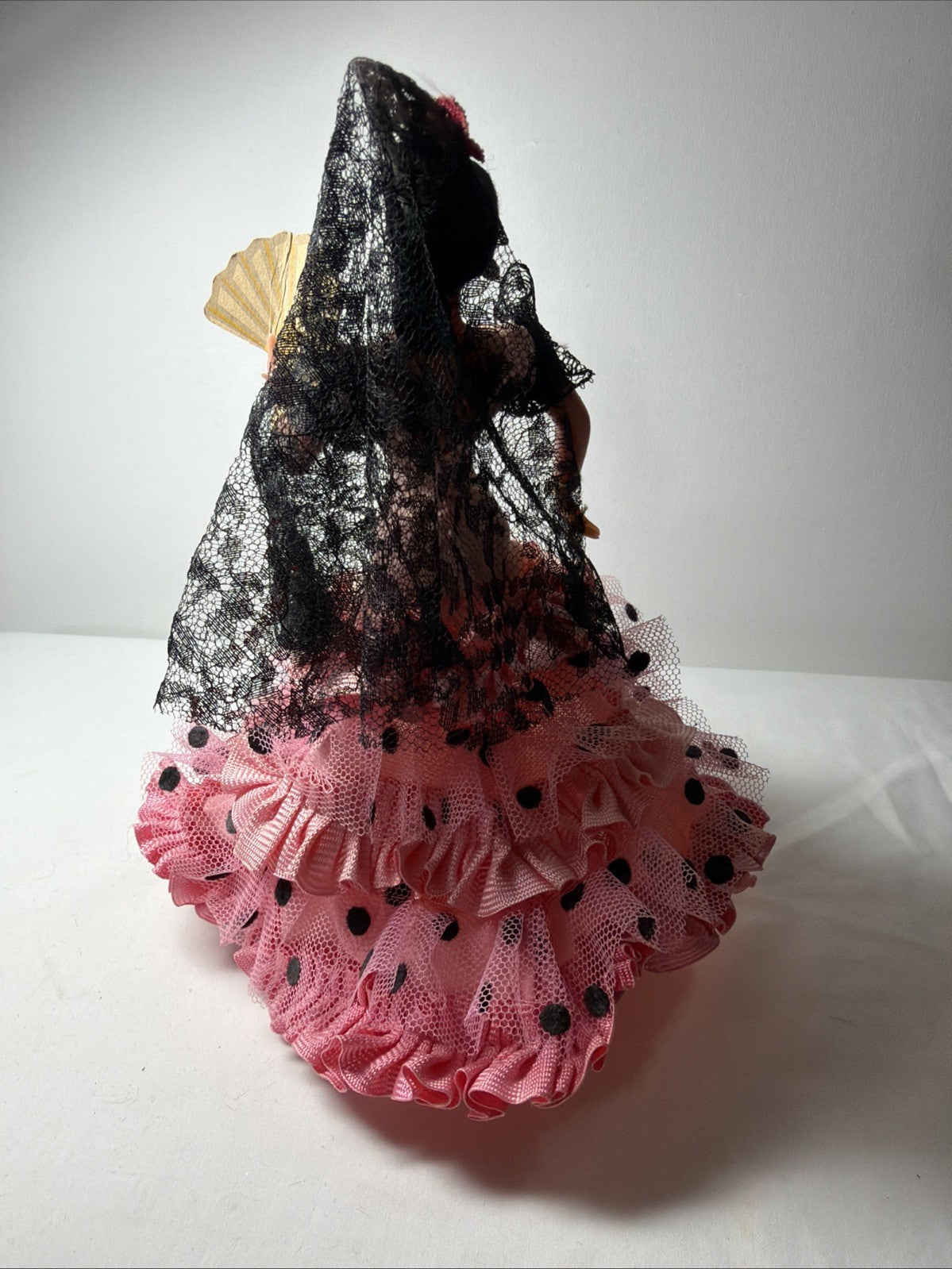 Vintage Marin Chiclana Flamenco Doll Pink Black Dress with Fan Spain