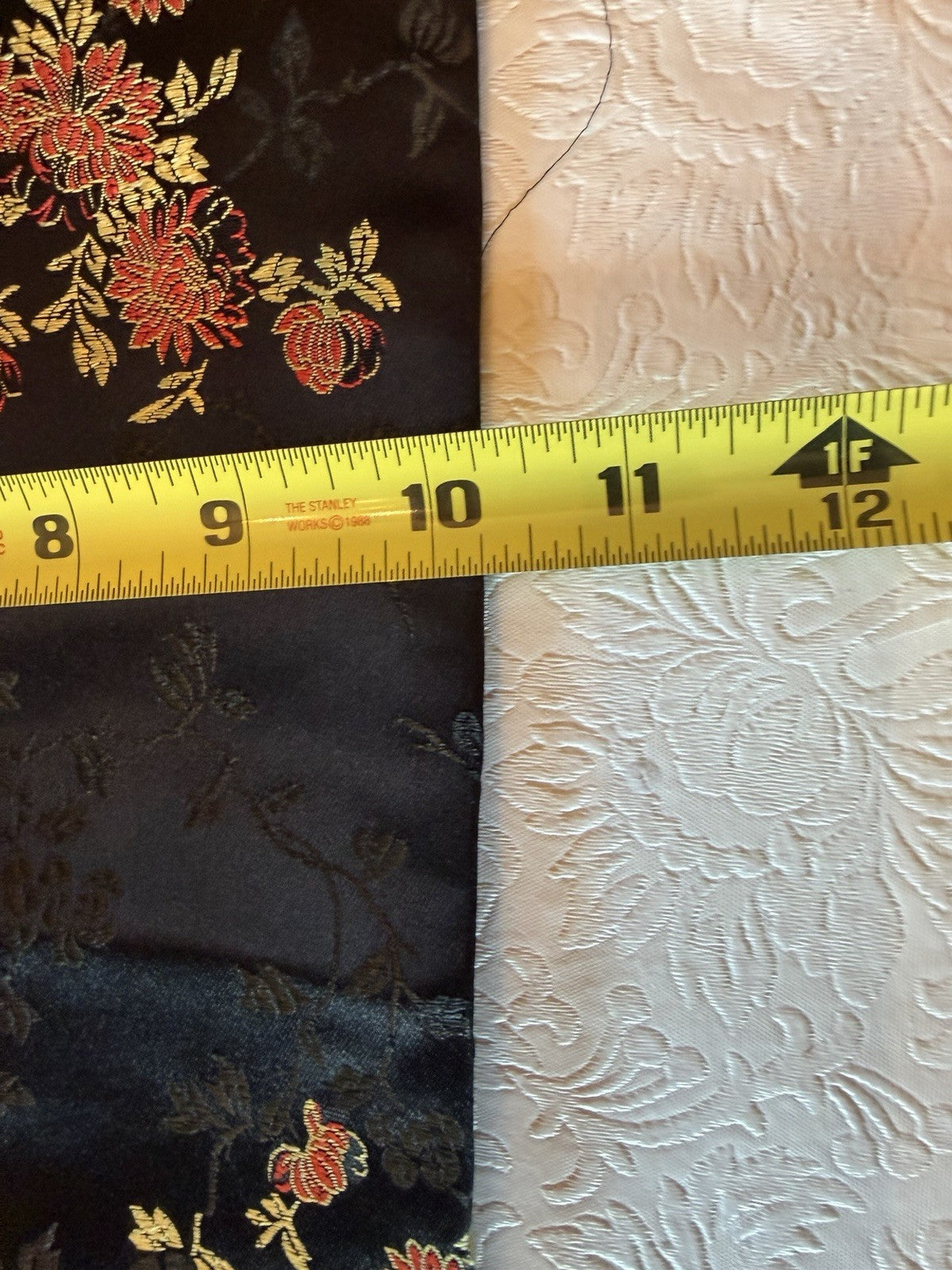 Vintage Asian Silk Brocade Table Runner Red Gold Floral Fringe 58" Oriental