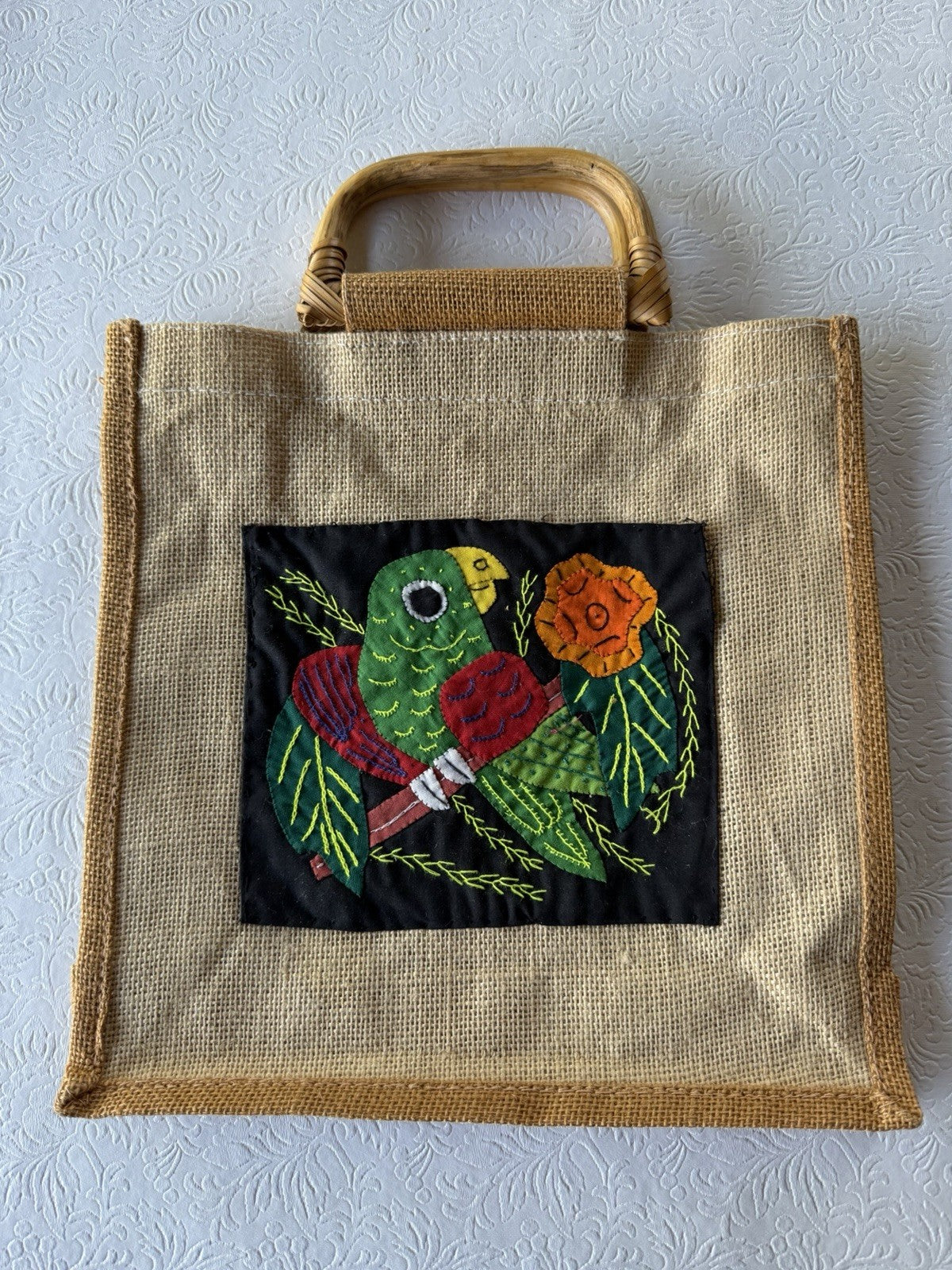 Vintage Mola Applique Parrot Burlap Tote Bag Folk Art Bamboo Handles