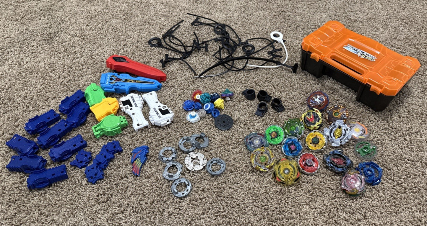 Beyblade Lot 100 Plus Assorted Parts Launchers Stadium Pieces Storage Box