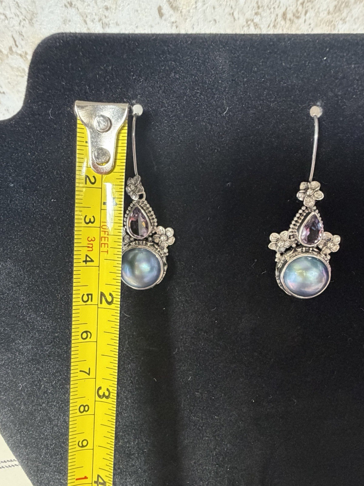 925 Sterling Silver Blue Pearl Amethyst Floral Dangle Earrings Indonesia