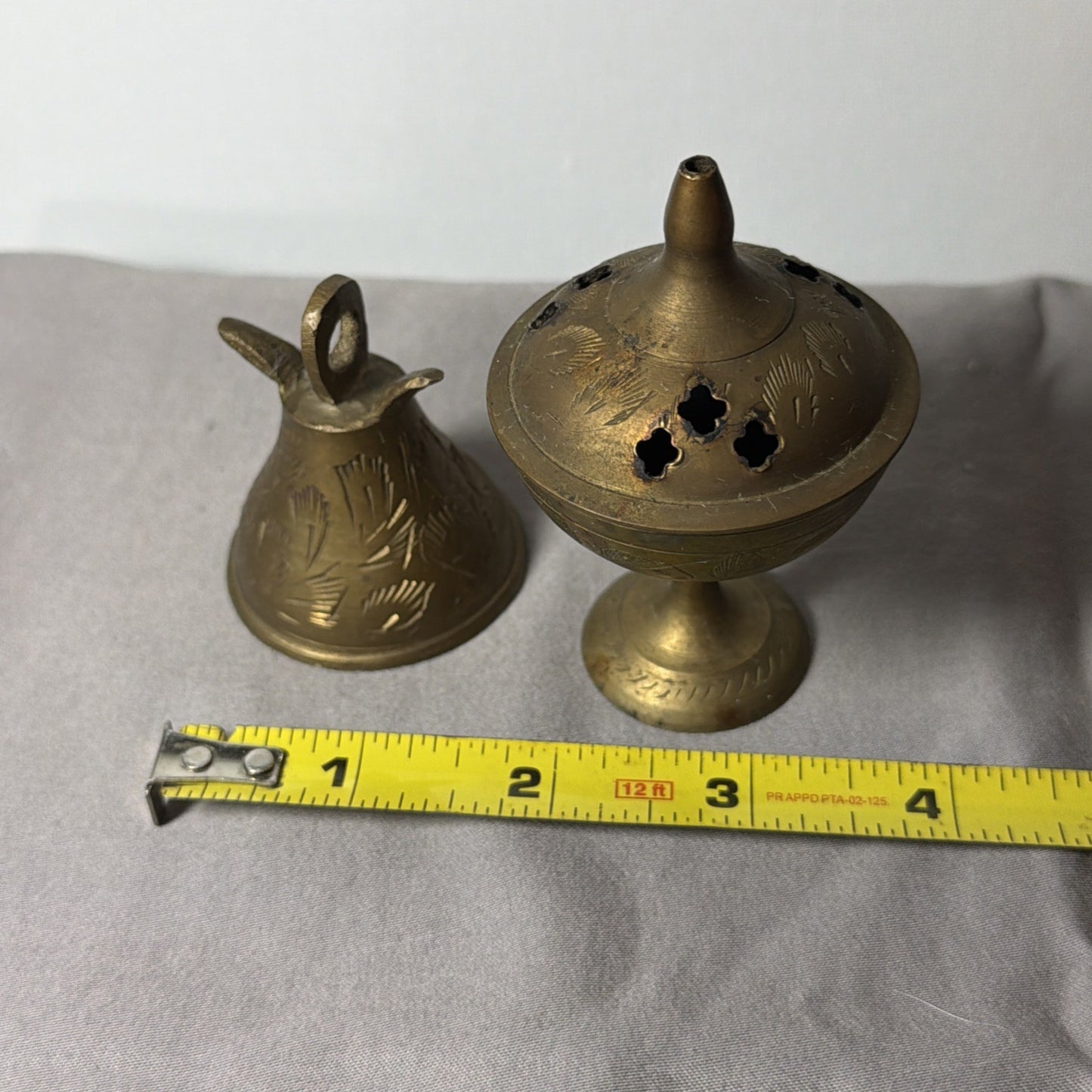 Vintage Etched Indian Brass Bell and Incense Ceremonial/Meditation Implements