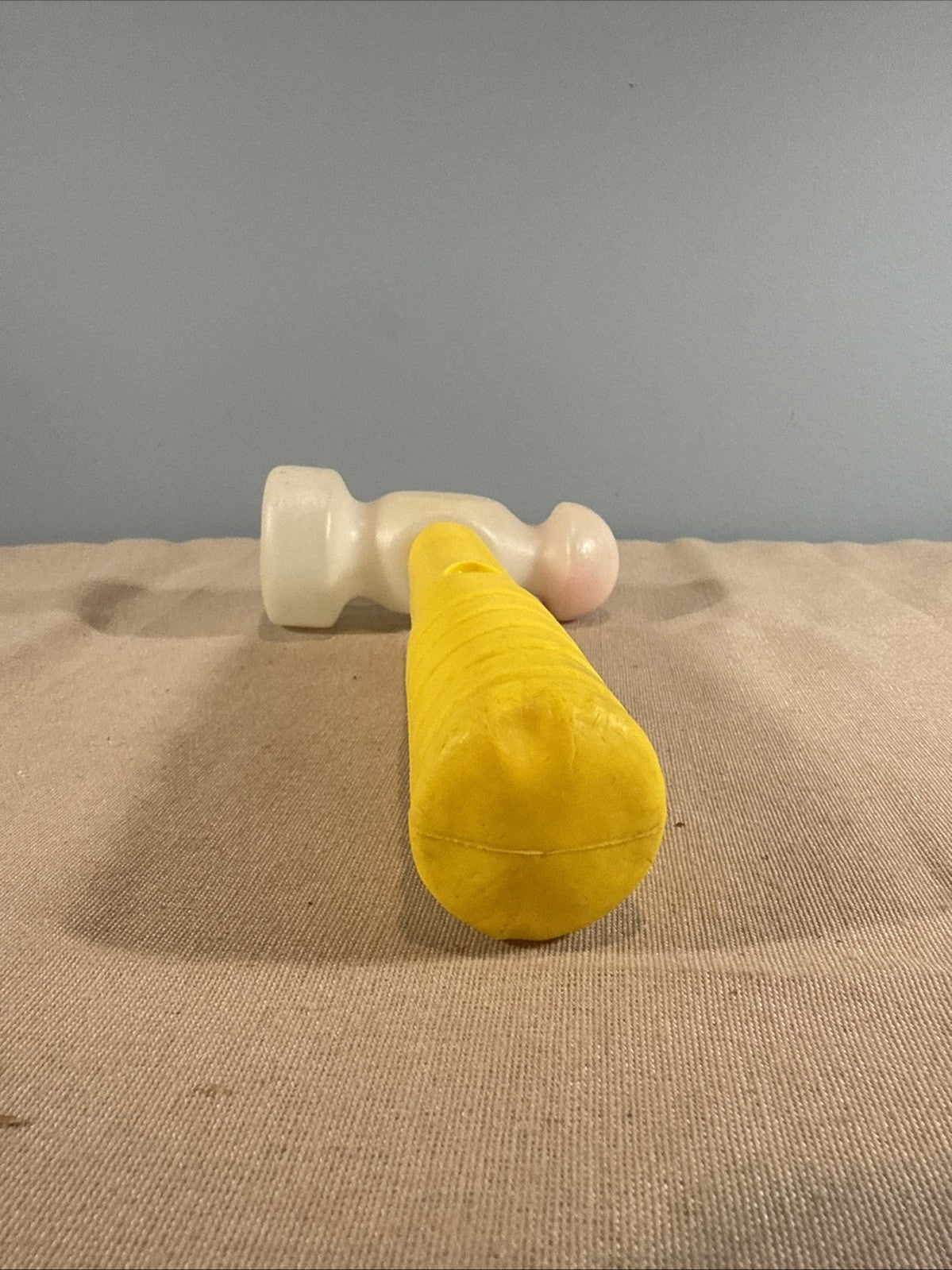 Vintage Baby Rattle Hammer Plastic Yellow White Infant Toy 1975