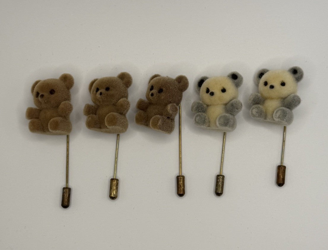 Vintage Flocked Teddy Bear Panda Lapel Stick Pins Hat Scarf Jewelry Lot of 5