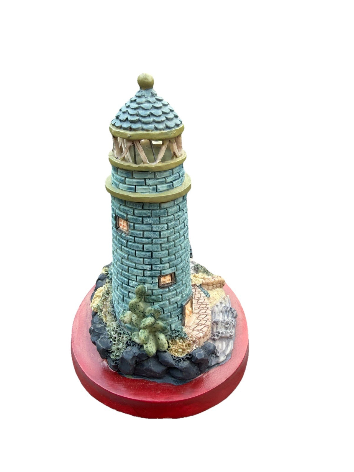 Illuminated Lighthouse Collectible Blue Brick Tower Keepers Dwelling