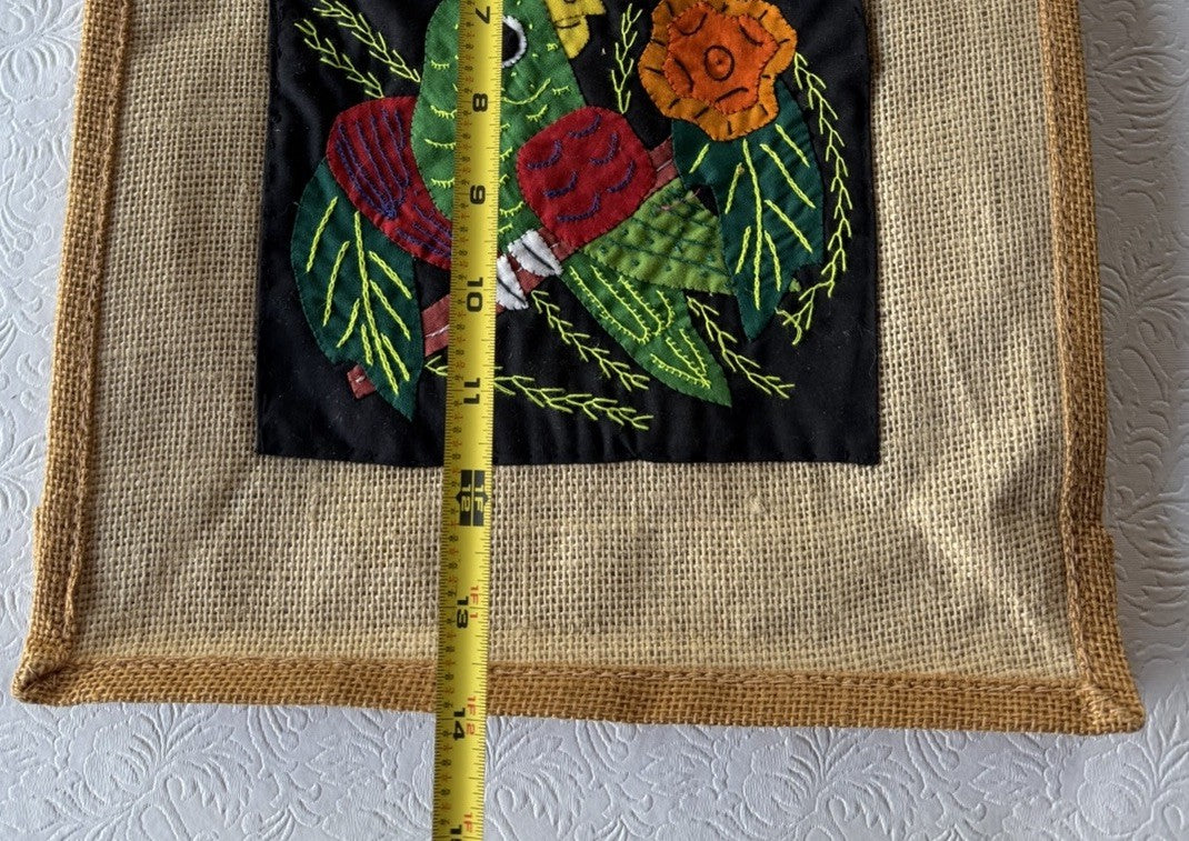 Vintage Mola Applique Parrot Burlap Tote Bag Folk Art Bamboo Handles