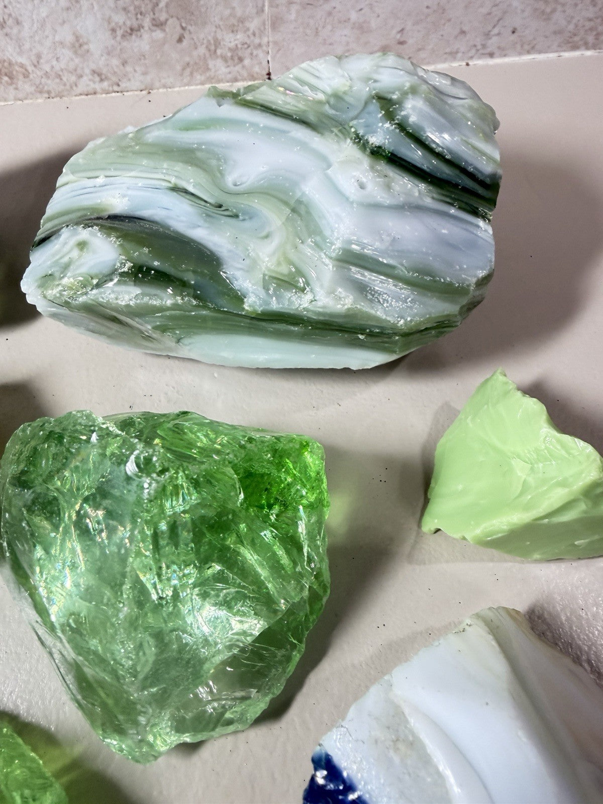 Raw Slag Glass Cullet Chunks Green Blue White Craft Stones Lot of 15 items