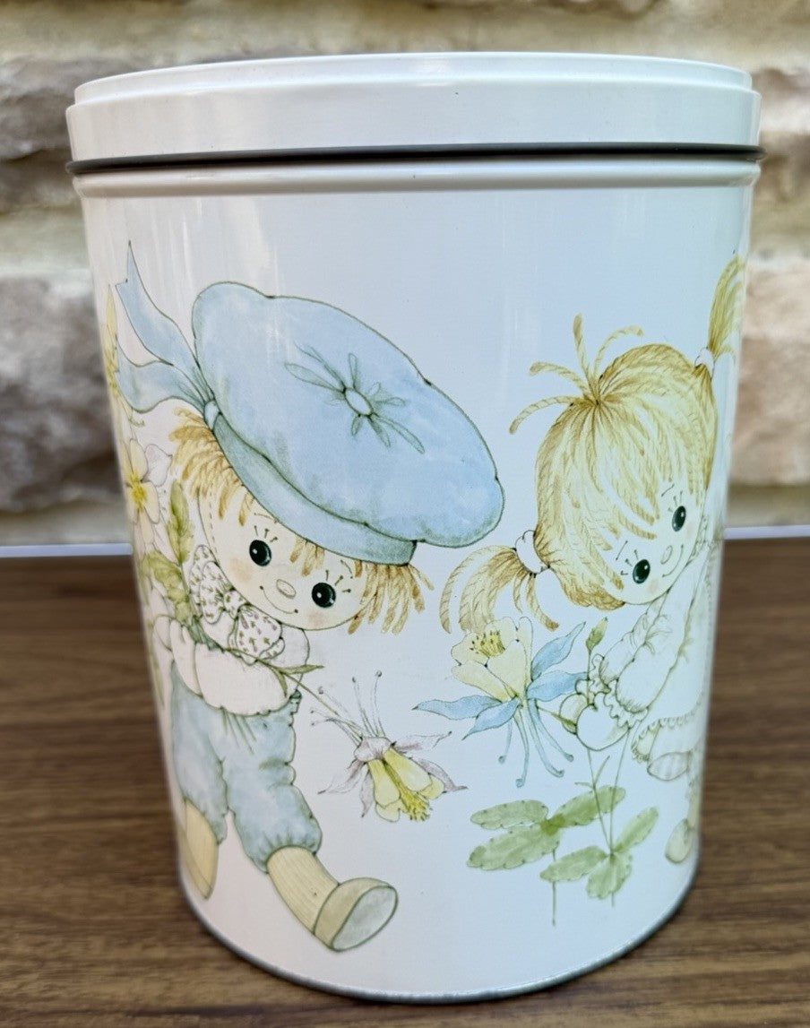Vintage Hallmark Rag Dolls Tin Canister Cute Boy Girl Flowers Buttons Storage