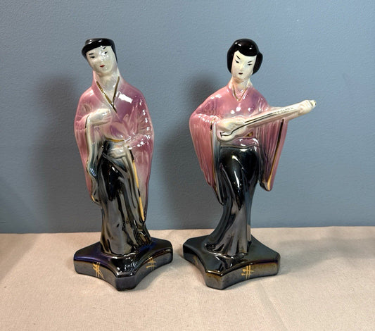 Vintage Stanfordware Lusterware Asian Geisha Ceramic Man Woman Figurines Set 2