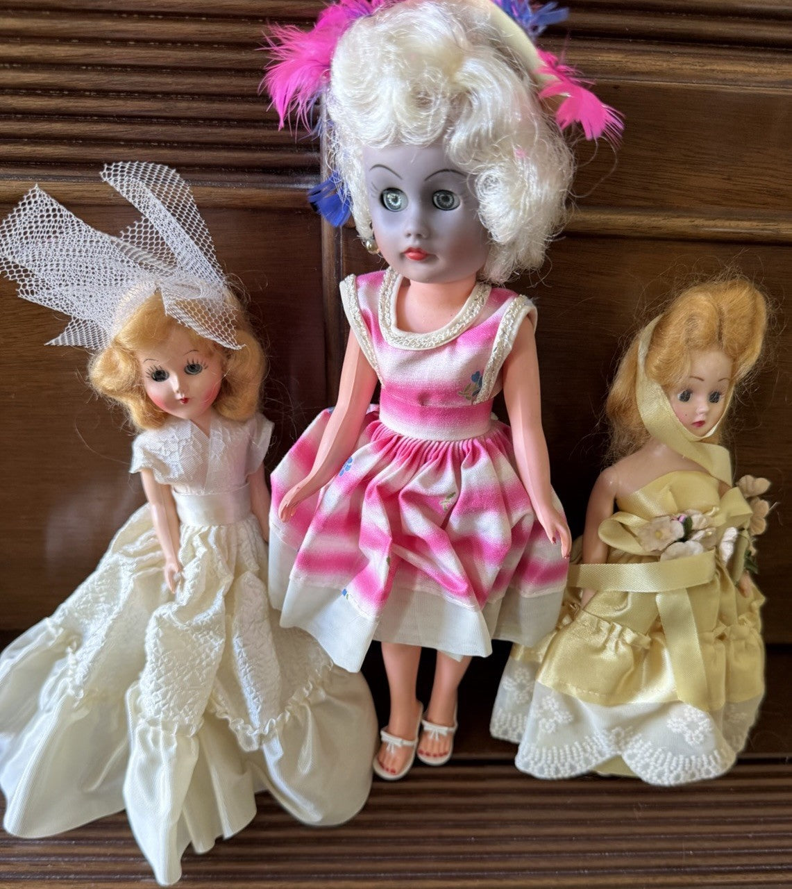 Vintage Sleepy Eye Blonde Fashion Dolls Lot 3 Bride Party Dress Feathers Dolls