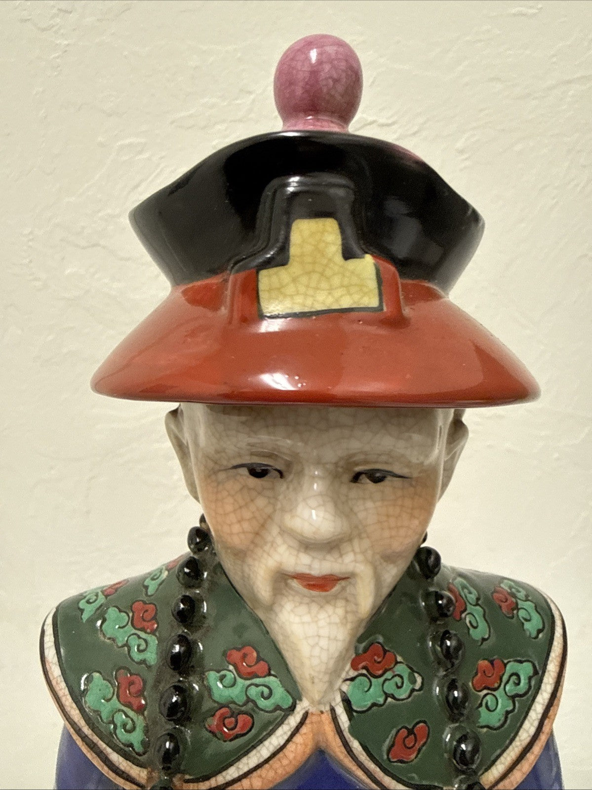Chinese Qing Dynasty Emperor Statue 14" Handmade Ceramic Crackle Glaze Figurine