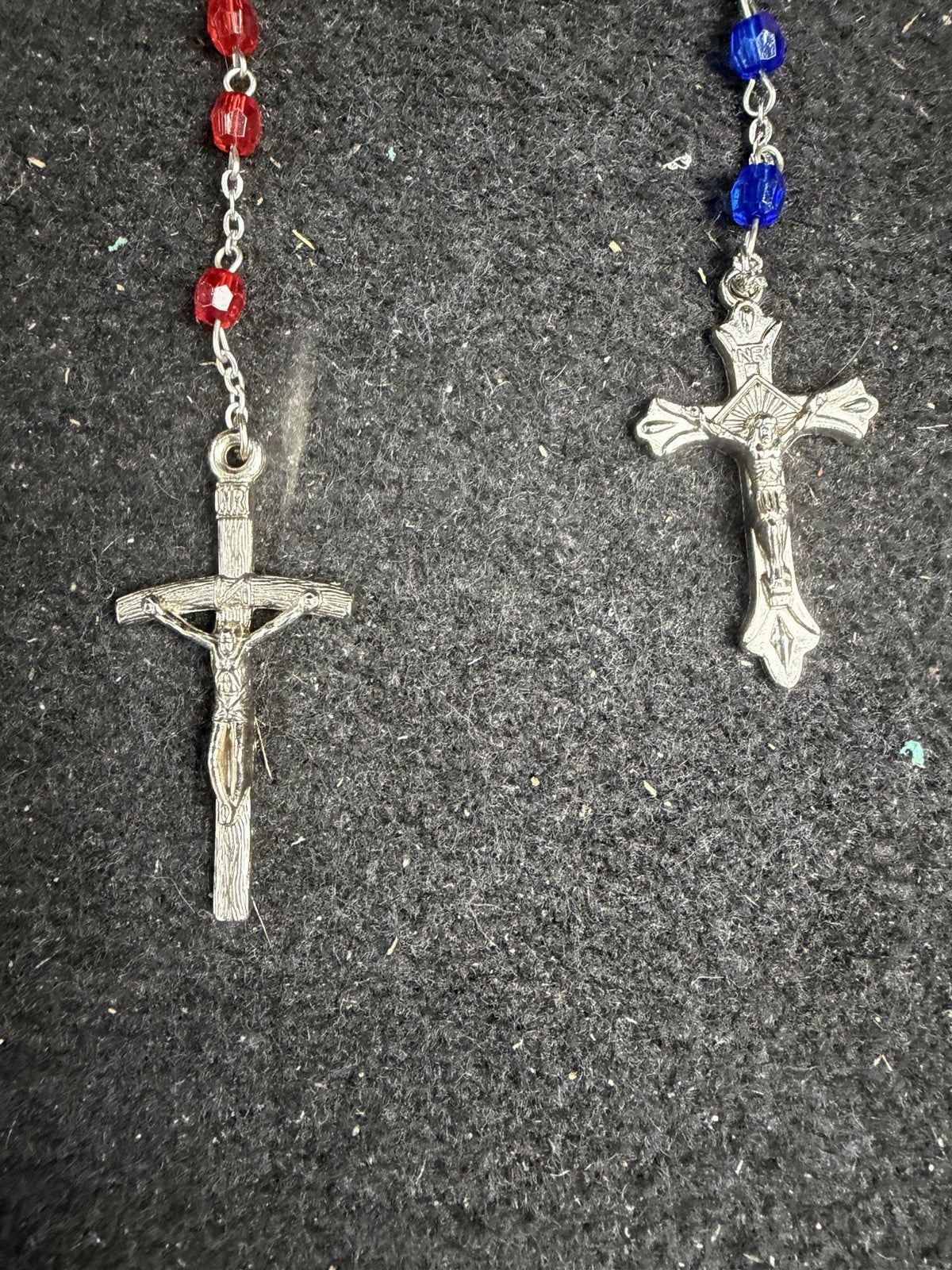 Catholic Rosary Beads Pair Red Blue Crystal Glass Silver Tone Cross Religious