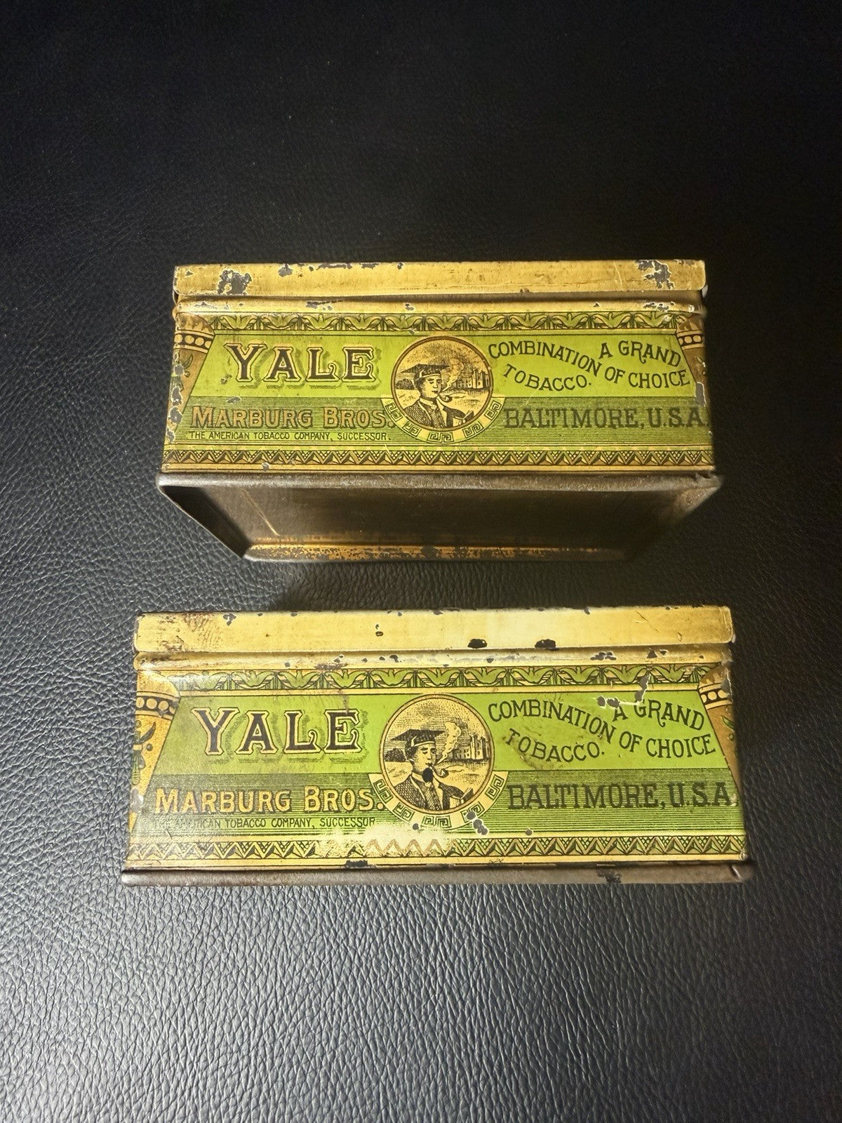 Antique Yale Mixture Tobacco Tins 2 Marburg Bros Baltimore Maryland Green EMPTY