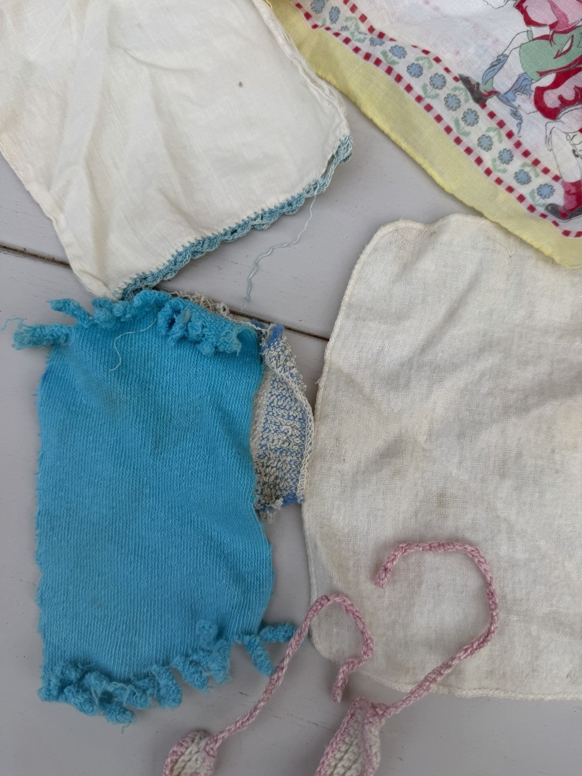 Vintage Baby Doll Bed Sets, Hand Crocheted Bibs, 1940s Children’s Handkerchiefs