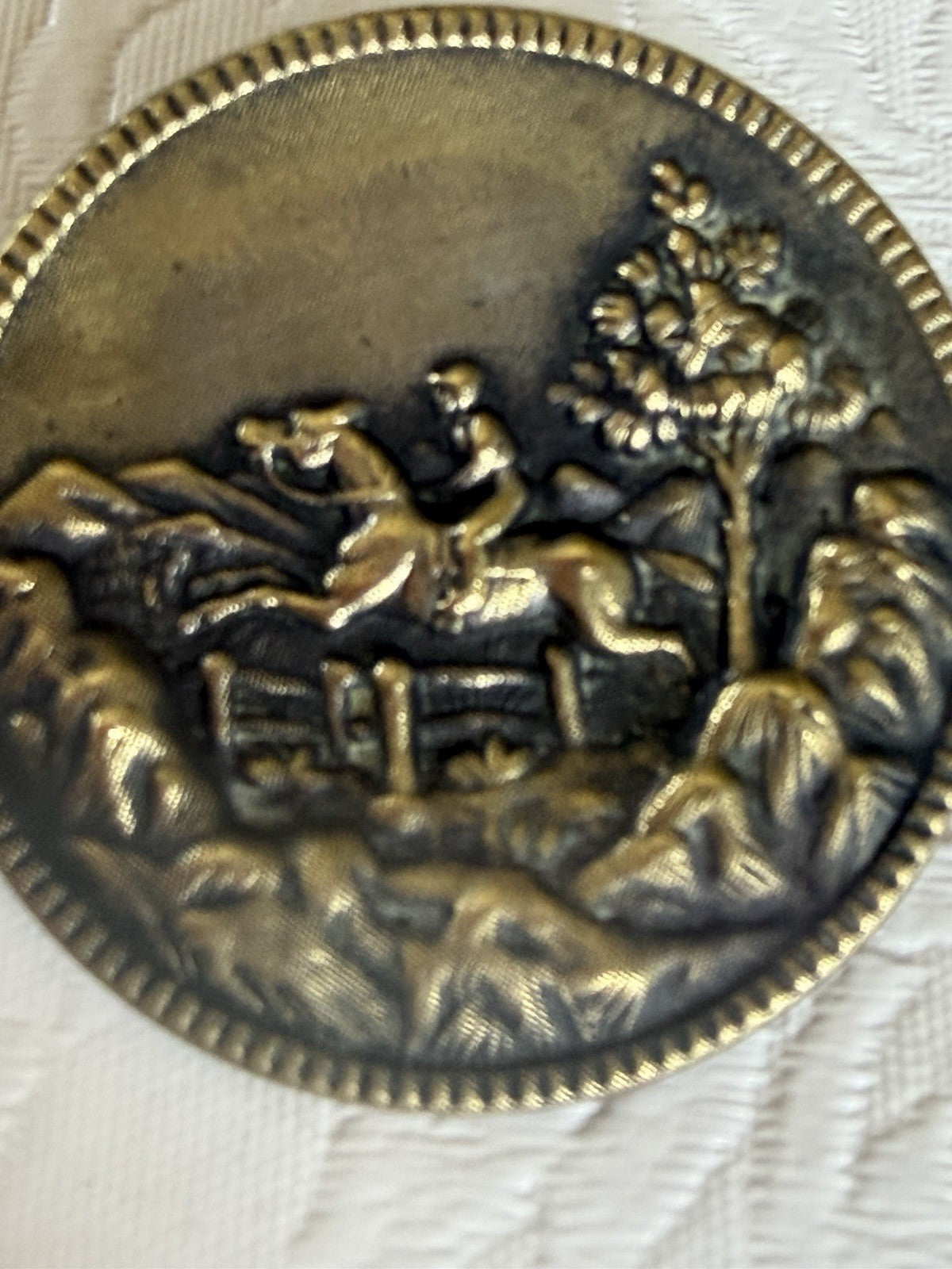 Antique Victorian Brass Picture Button Equestrian Horse Rider Jumping Large