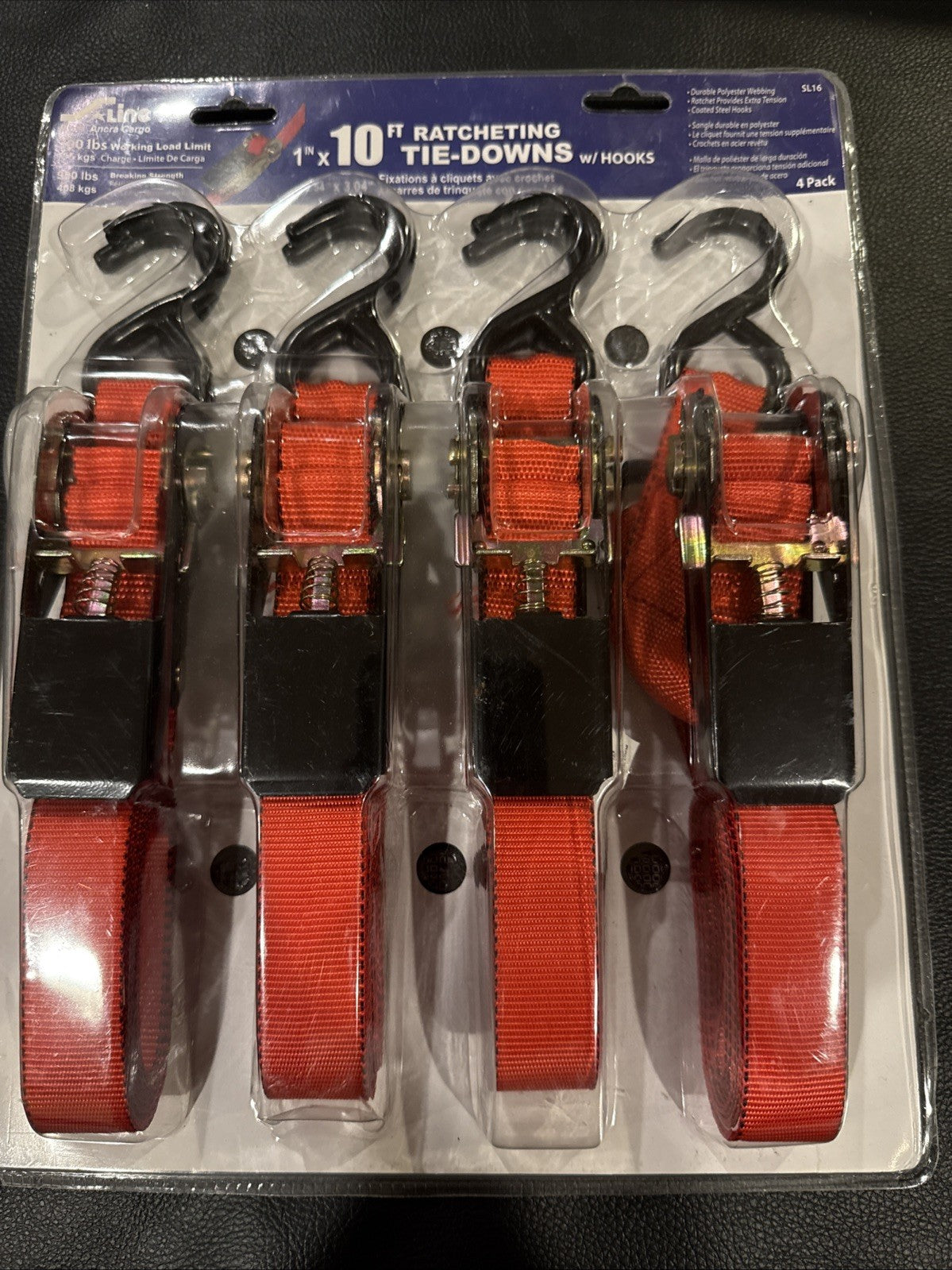 SLine Ancra Cargo Ratchet Tie Downs 1x10ft Hooks 4 Pack Red Straps Packaged New